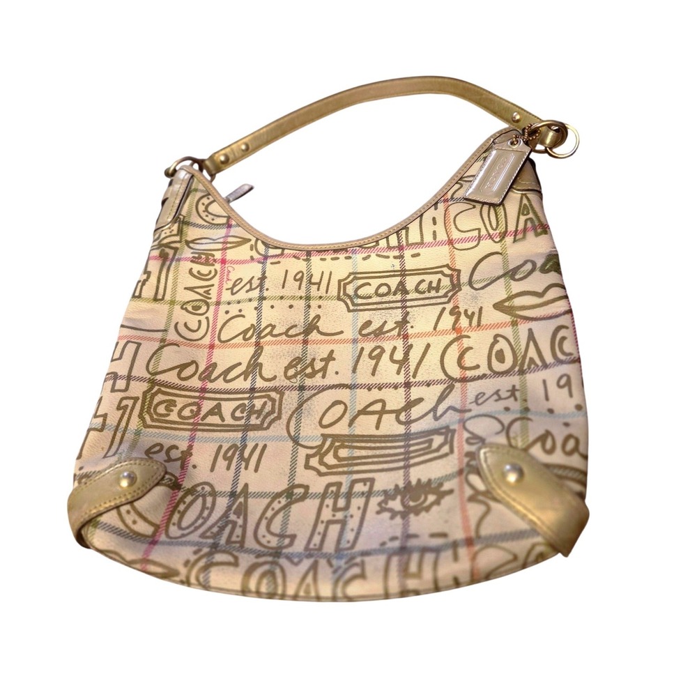 Coach Poppy Graffiti Scribble Hobo Shoulder Bag Gold Metallic Trim Cream